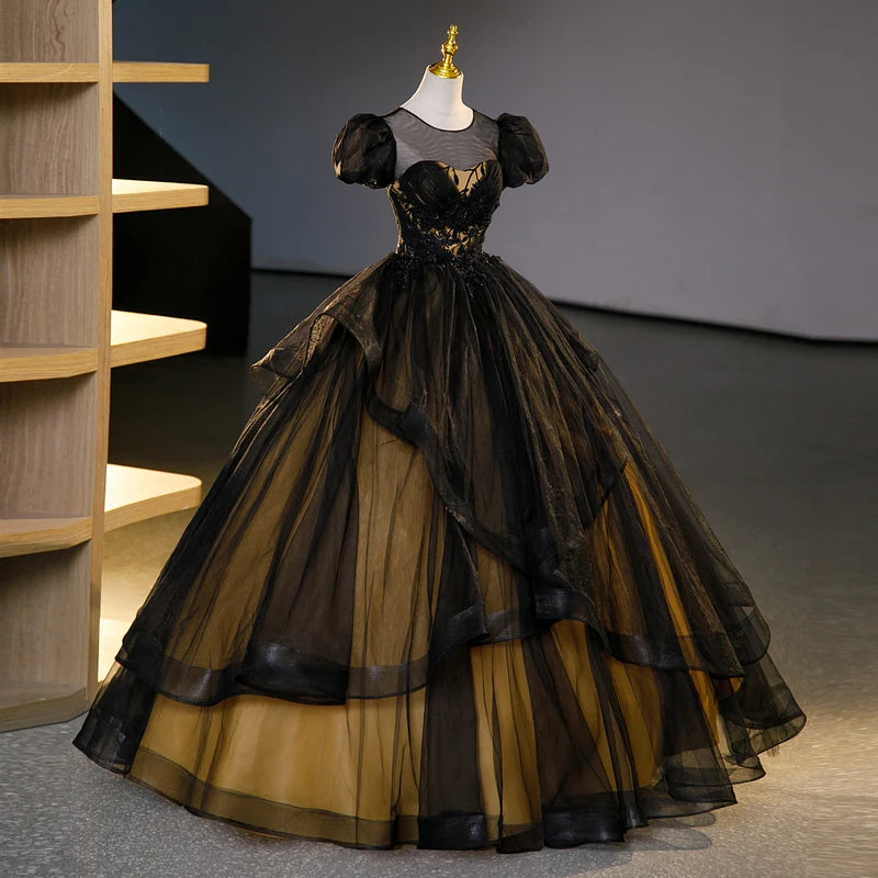 Stunning Black Tulle Dress With Puff Sleeves