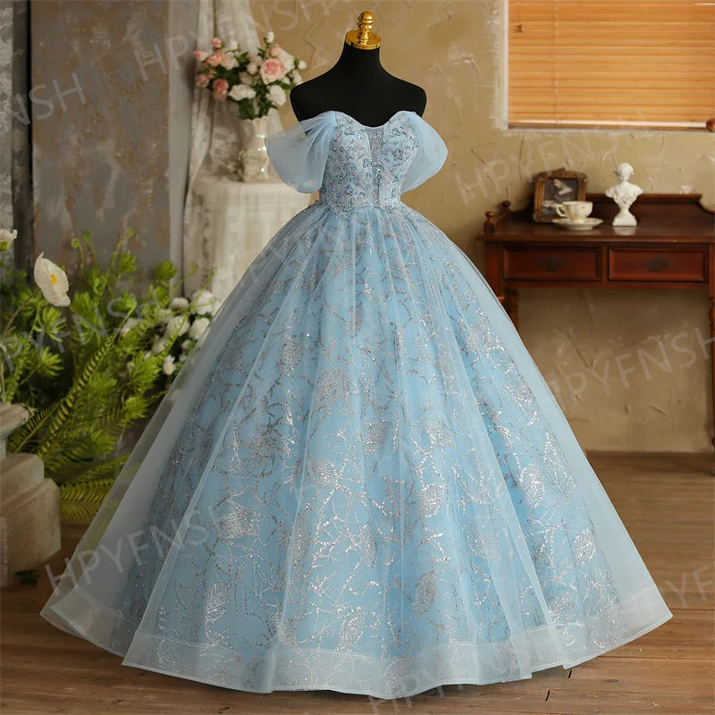 Off-shoulder Blue Lace Ballroom Gown Dress on Luulla