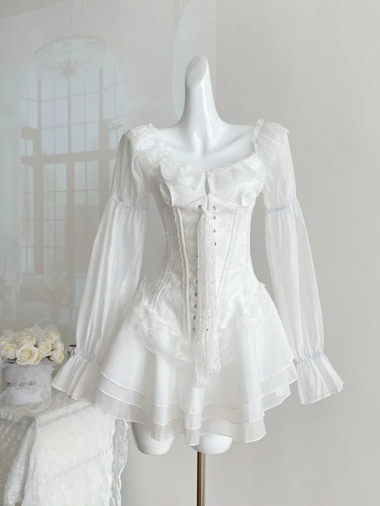 Vintage White Lace Long Sleeve Corset Dress
