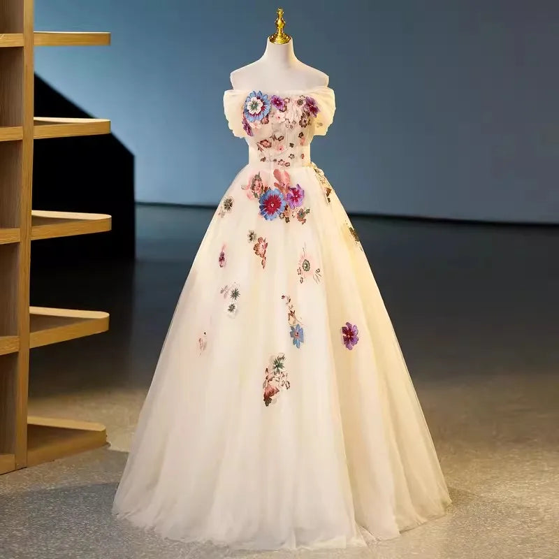 Floral Embroidered Off-shoulder White Gown Dress on Luulla
