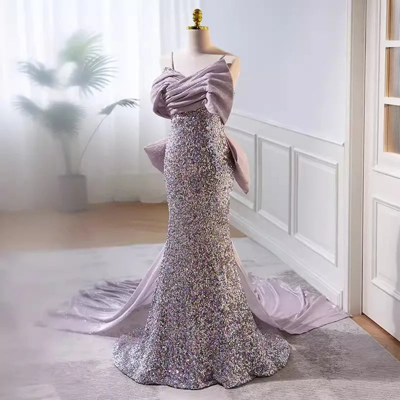 Sequined Lavender Gown with Draped Satin Sash
