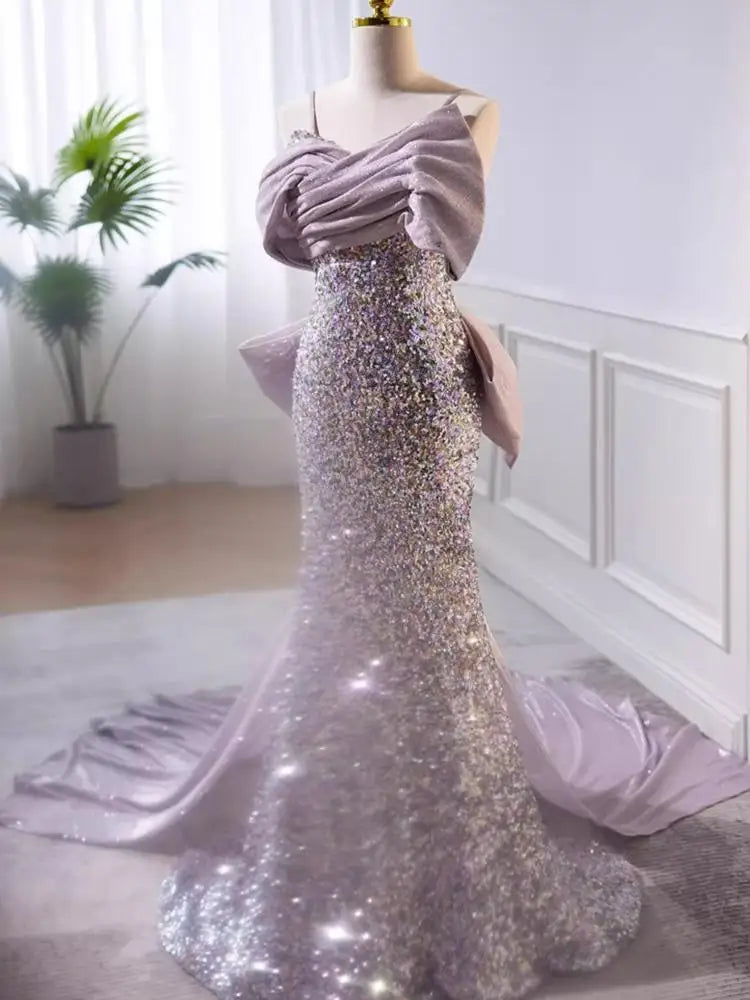 gold and lavender dress Custom Lilac Rhinestones Sequin Slit Prom Dress