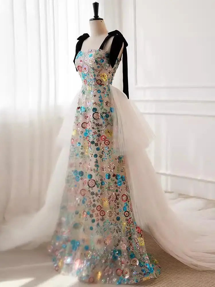 Floral Embroidered Tulle Gown With Colorful Beading