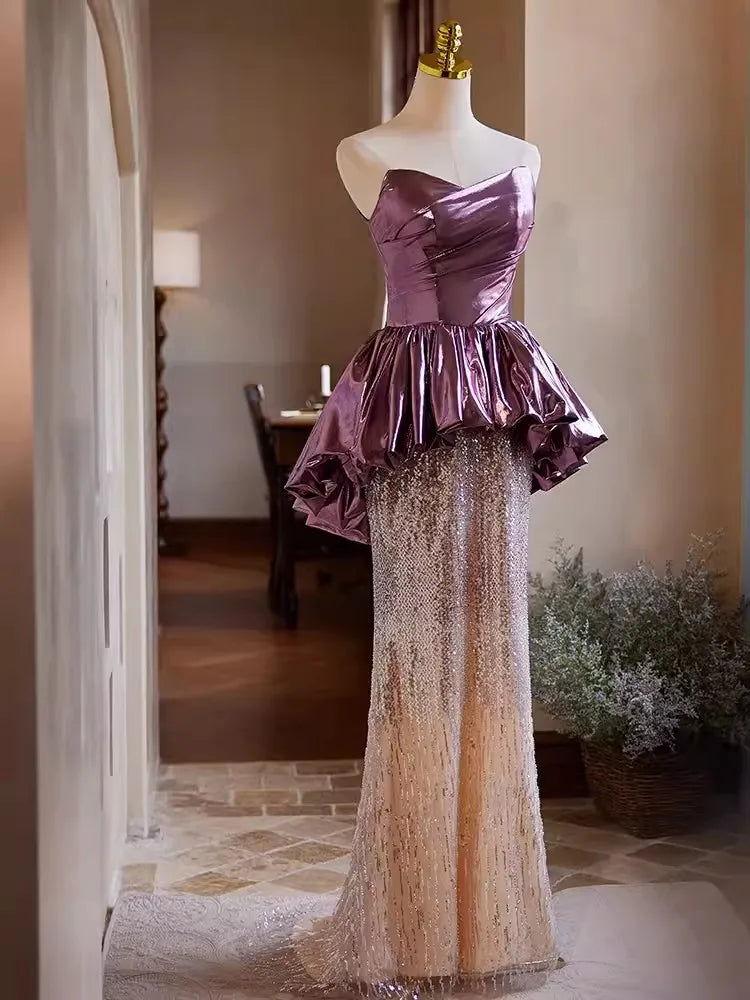 Glamorous Satin Peplum Dress With Sequin Skirt