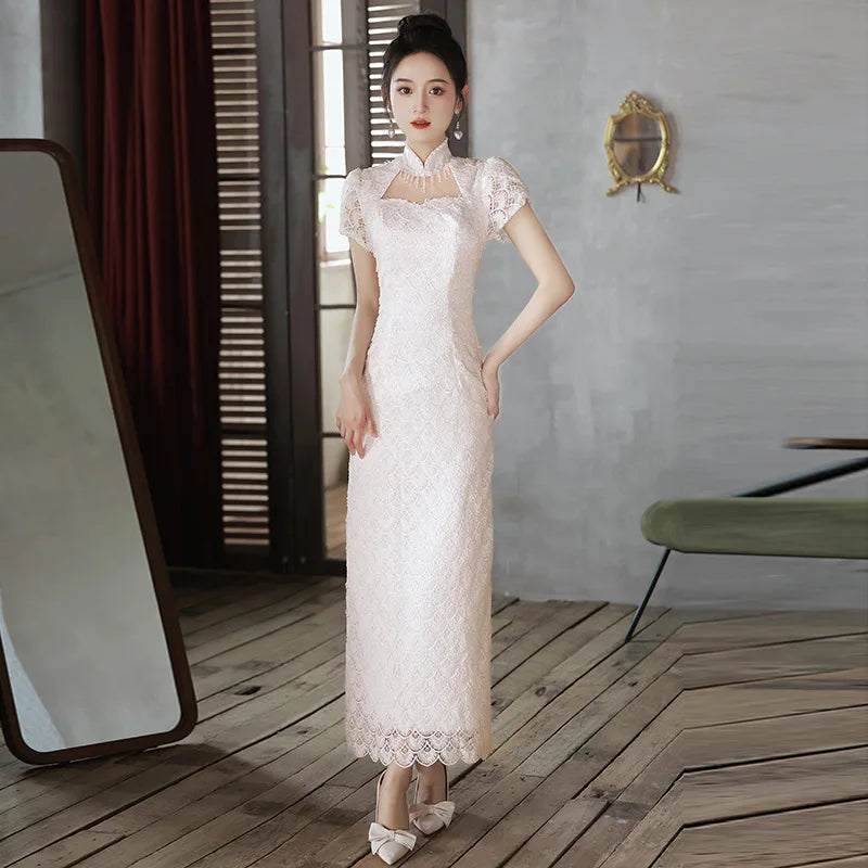 lace bodice wedding dress with sleeves Puff-Sleeve Strapless Long White Bridal Gown CD962W Off White / 2 main image 0