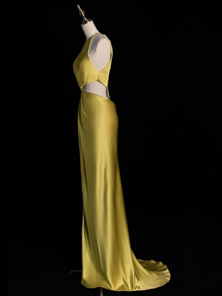 One-Shoulder Satin Maxi Dress Sleeveless Patchwork Slim Fit Evening Party Gown