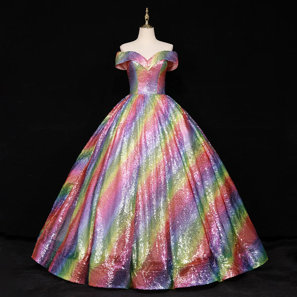 rainbow off the shoulder dress Rainbow Sequin Off-shoulder Ball Gown Dress