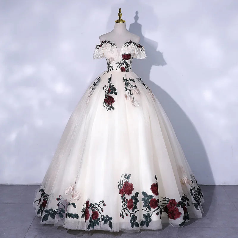 Dsp Elegant A Line Off Shoulder V Neck Tulle Prom Dresses With Flowers Graduation Party Dresses Gala For Special Events