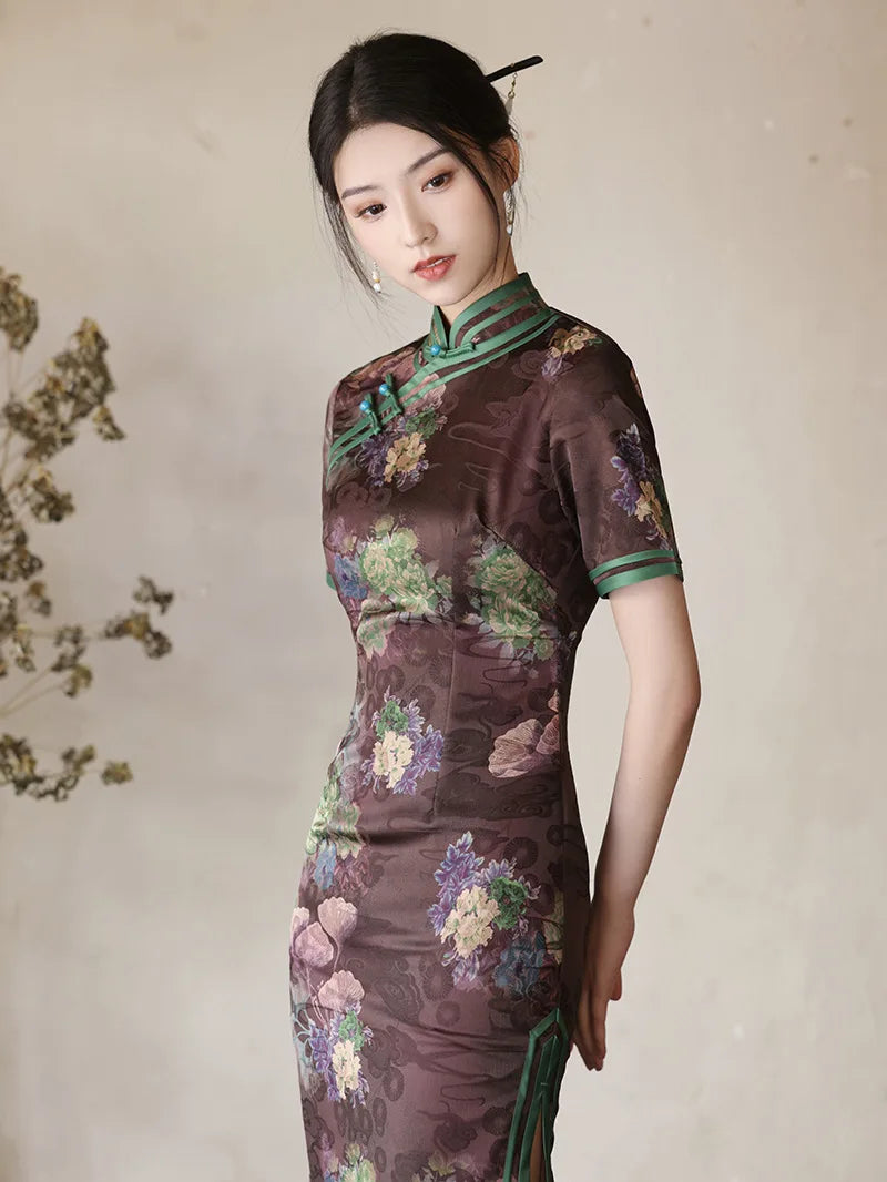 satin cheongsam dress Floral Satin Cheongsam Dress With Green Trim