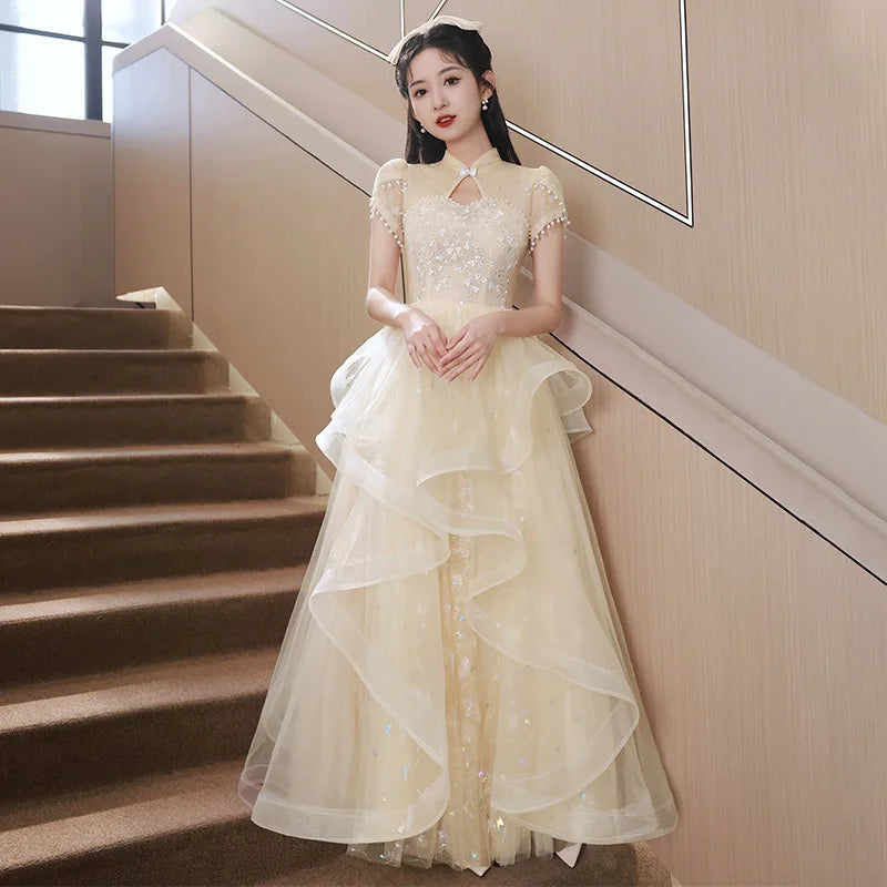 Lace Layered Evening Gown With Cap Sleeves