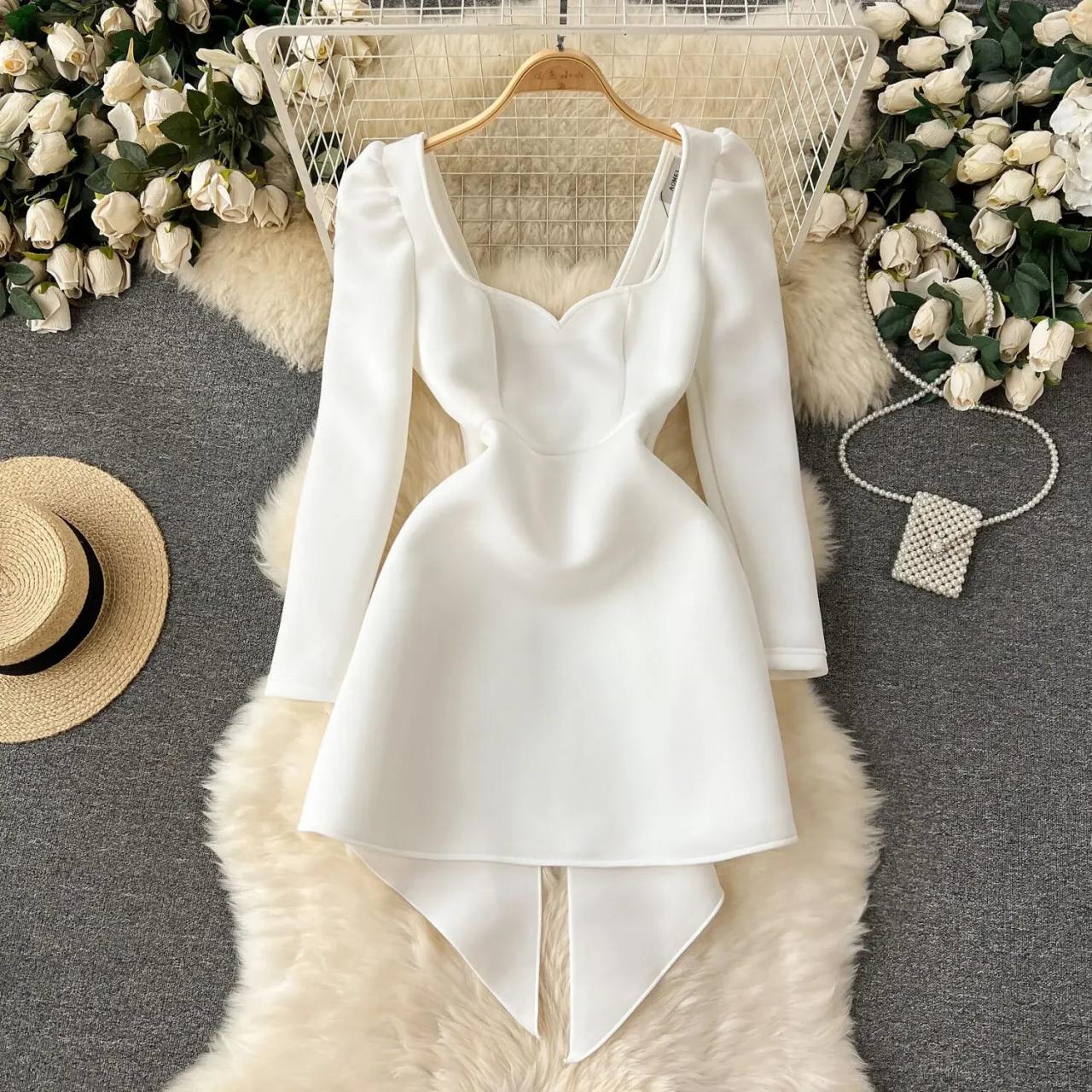 Chic Long-sleeve White Asymmetrical Hem Dress on Luulla