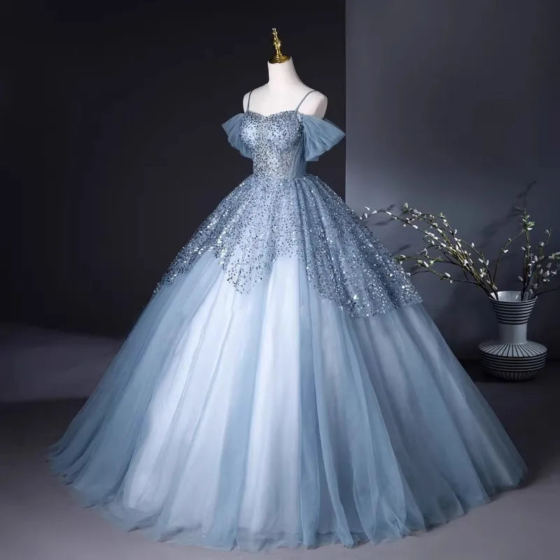 Sparkling Blue Off-shoulder Tulle Ball Gown