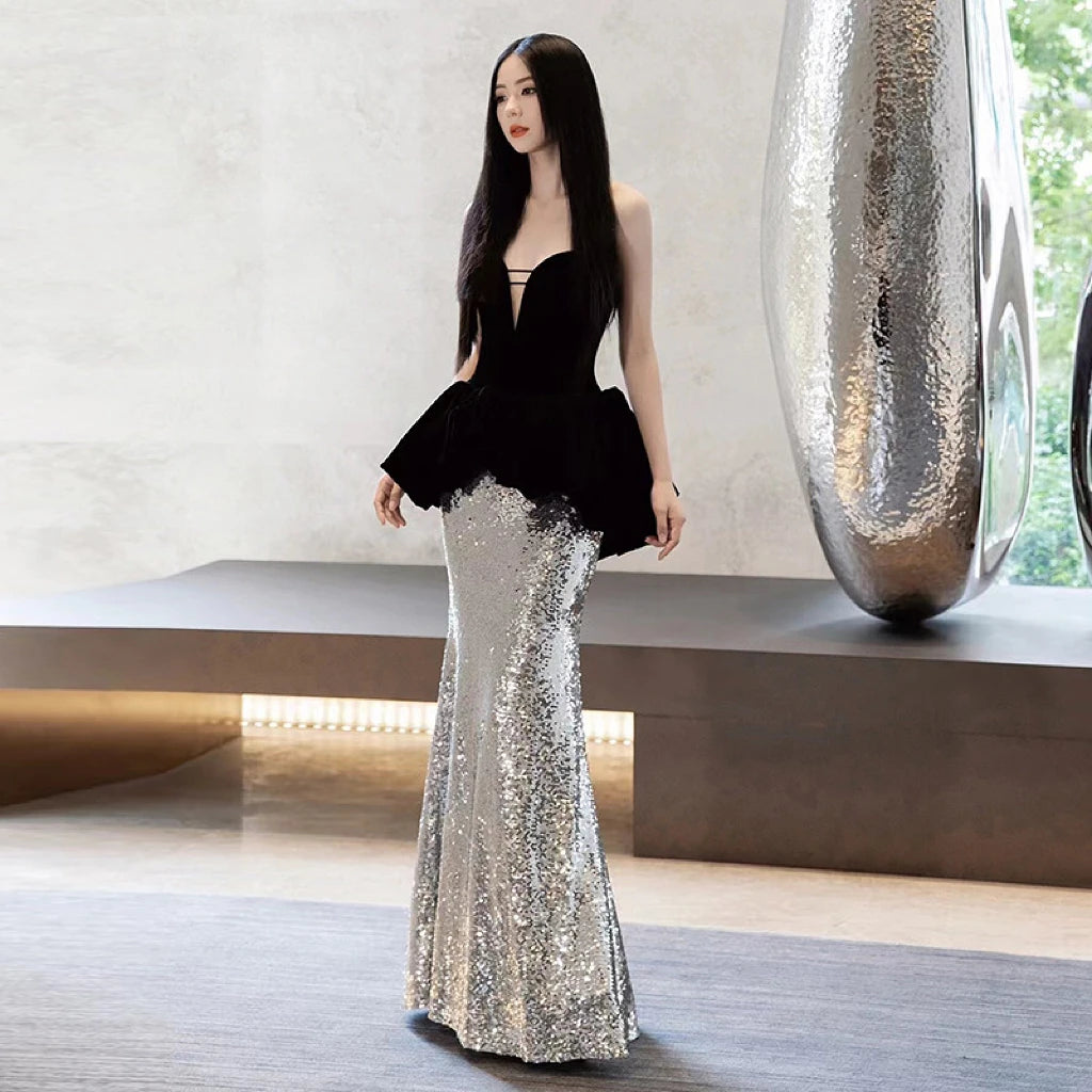 Stunning Black And Silver Sequined Peplum Gown on Luulla