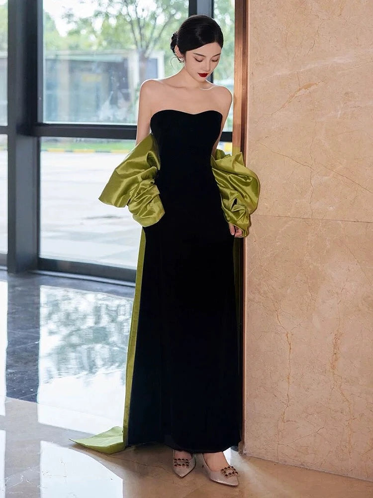 Strapless Velvet Dress With Green Satin Accents