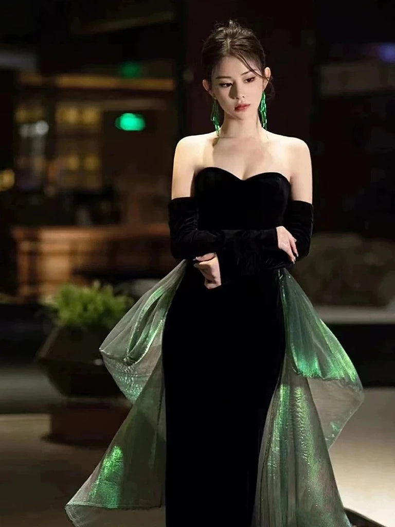 Strapless Velvet Dress with Sheer Overlay Train