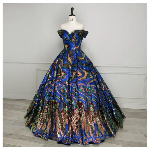 Vibrant Off-shoulder Peacock Print Ball Gown on Luulla