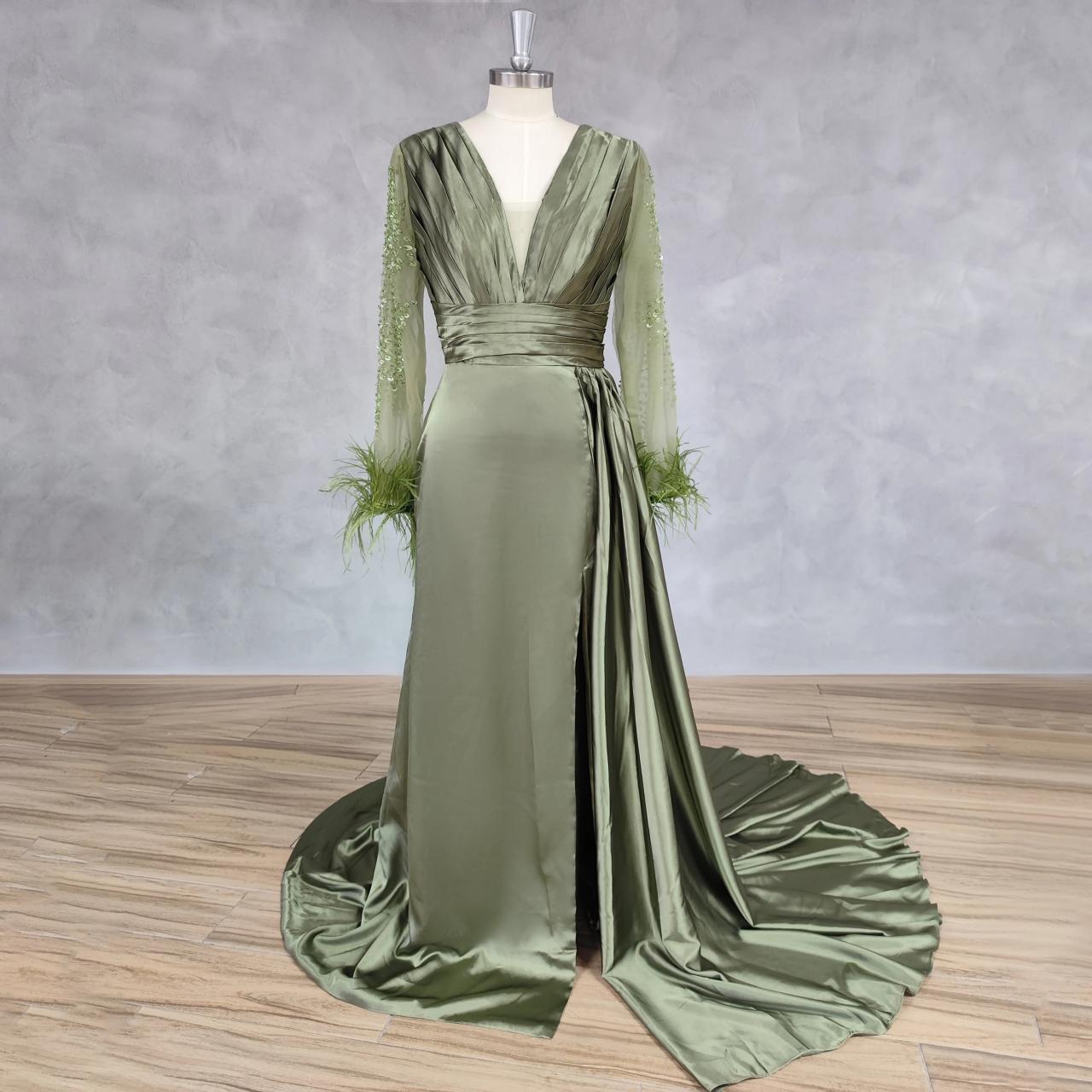 Luxurious Sage Gown With Feathered Sleeve Detailing on Luulla