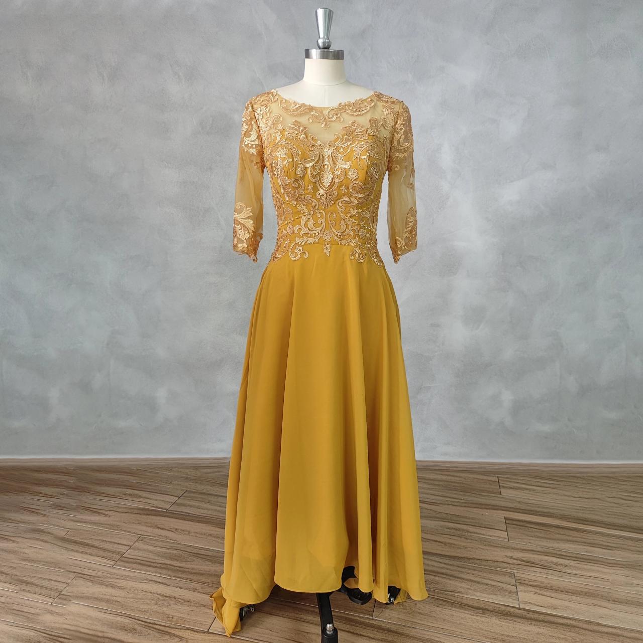 Golden Lace Evening Dress With Sheer Sleeves