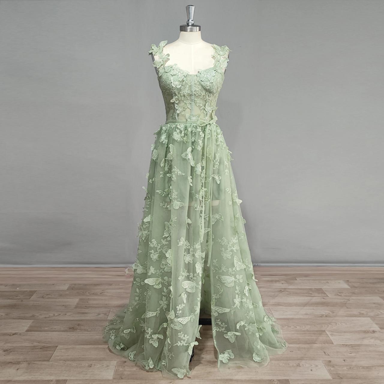 Lace Floral Overlay Green Evening Gown Dress