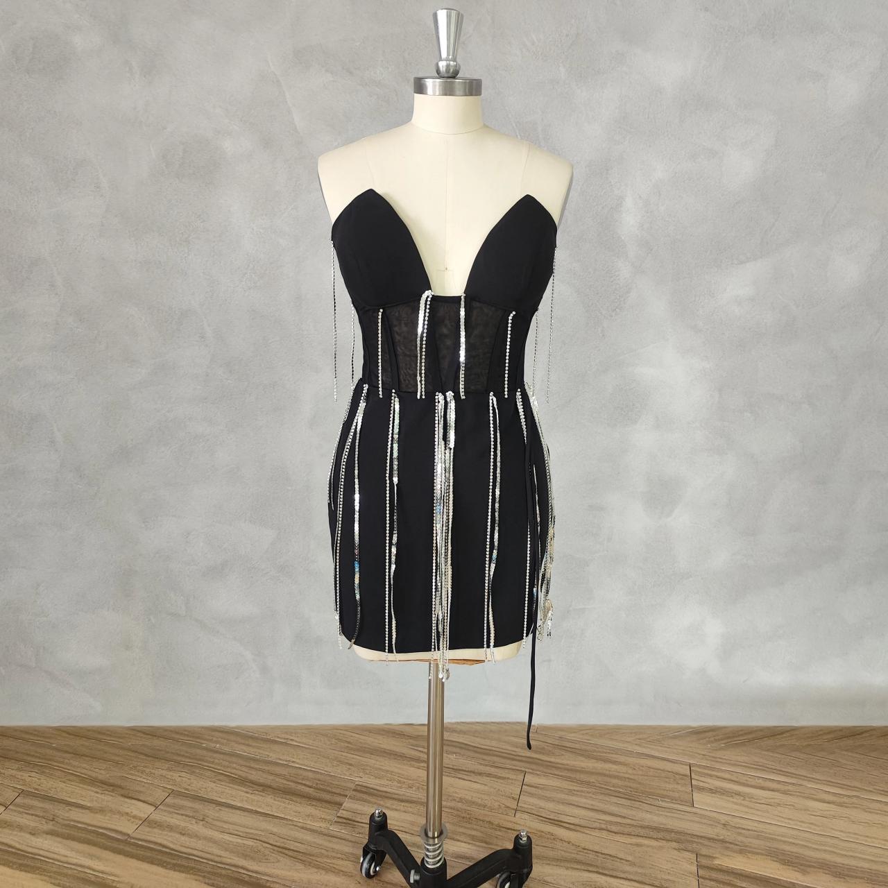 knee length dresses for ladies Black Sequin Ruffled Lace Satin Bow Mini Dress main image 0