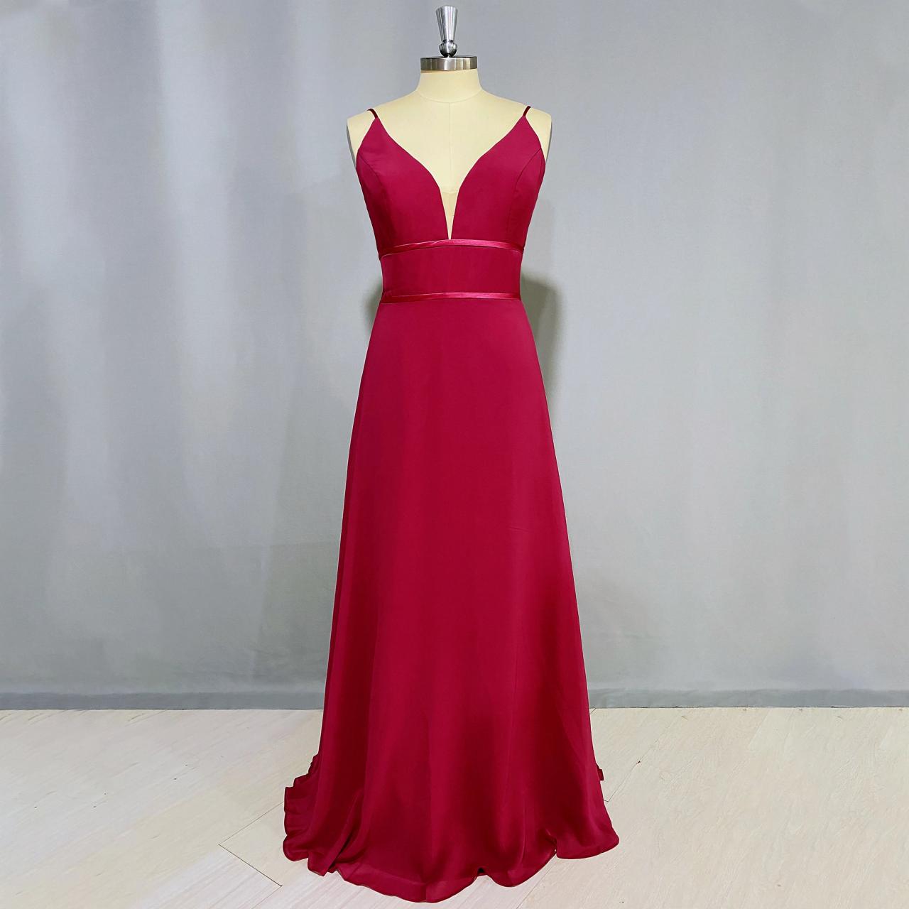 Sleeveless Plunge Neckline Red Gown, Floor-length