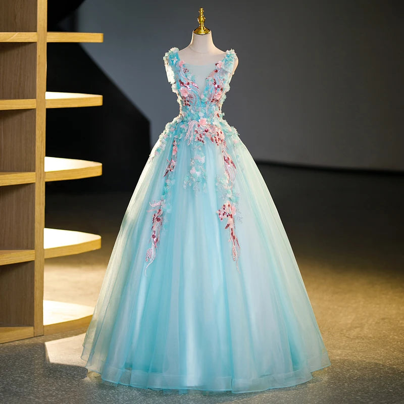 Beautiful Blue Floral Appliqu Ball Gown Dress