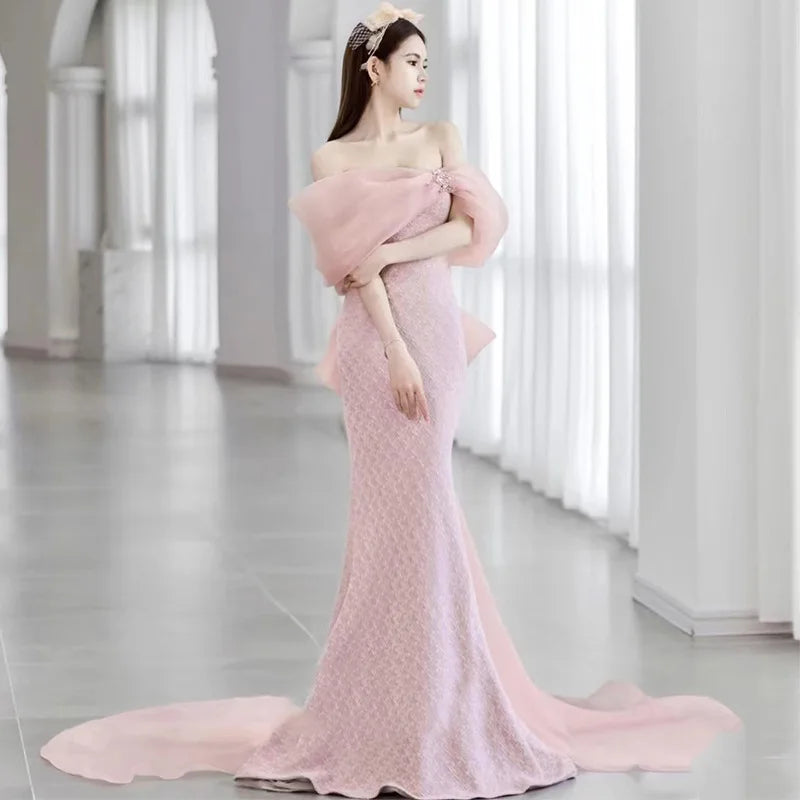 chinese dress ladies Long Mermaid Prom Dress with Removable Puff Sleeves Fuchsia / 0
