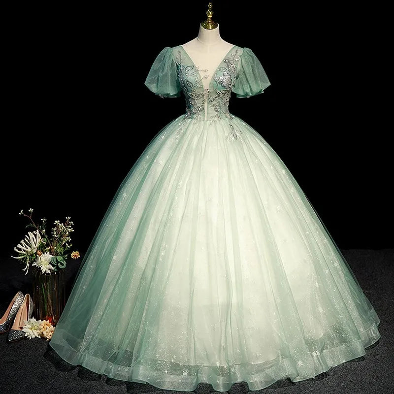 Sparkling Green Ball Gown With Puffy Sleeves on Luulla