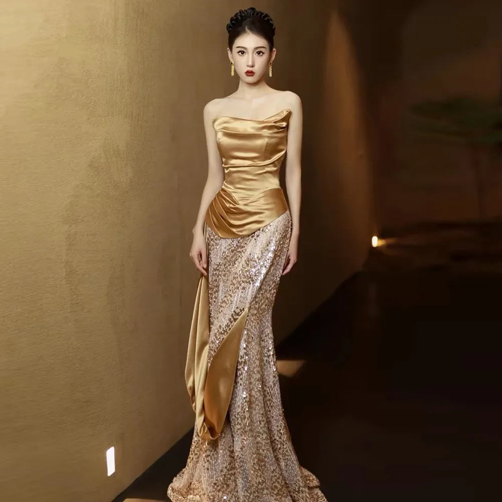 Opulent Golden Sequin Bustier Evening Dresses Celebrity Banquet Temperament  Performance Long Dress 2 on Luulla