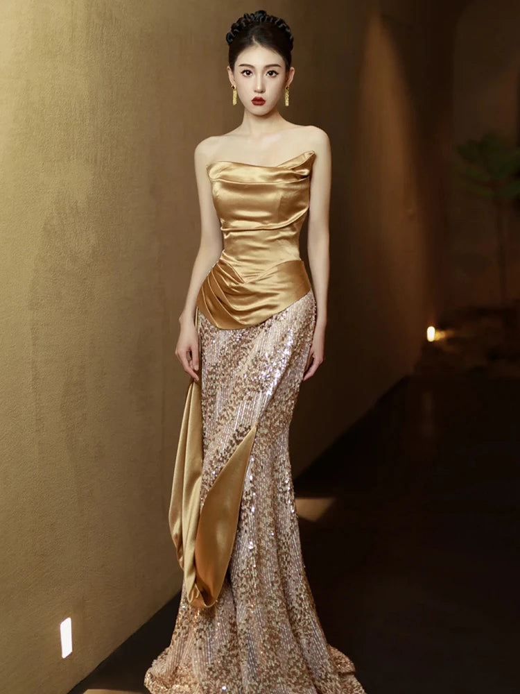 Opulent Golden Sequin Bustier Evening Dresses Celebrity Banquet Temperament  Performance Long Dress 2 on Luulla
