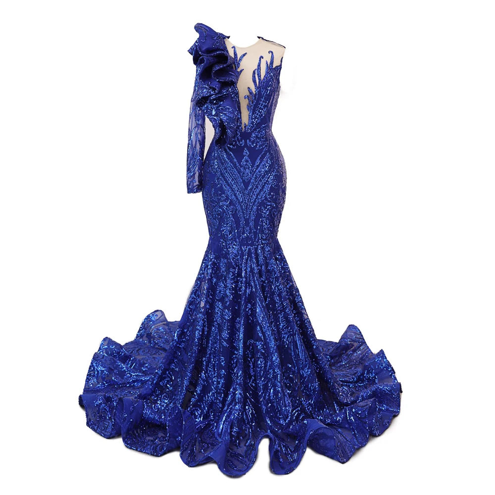 Rhinestone Embellished One-Shoulder Satin Gown Royal Blue main image 1