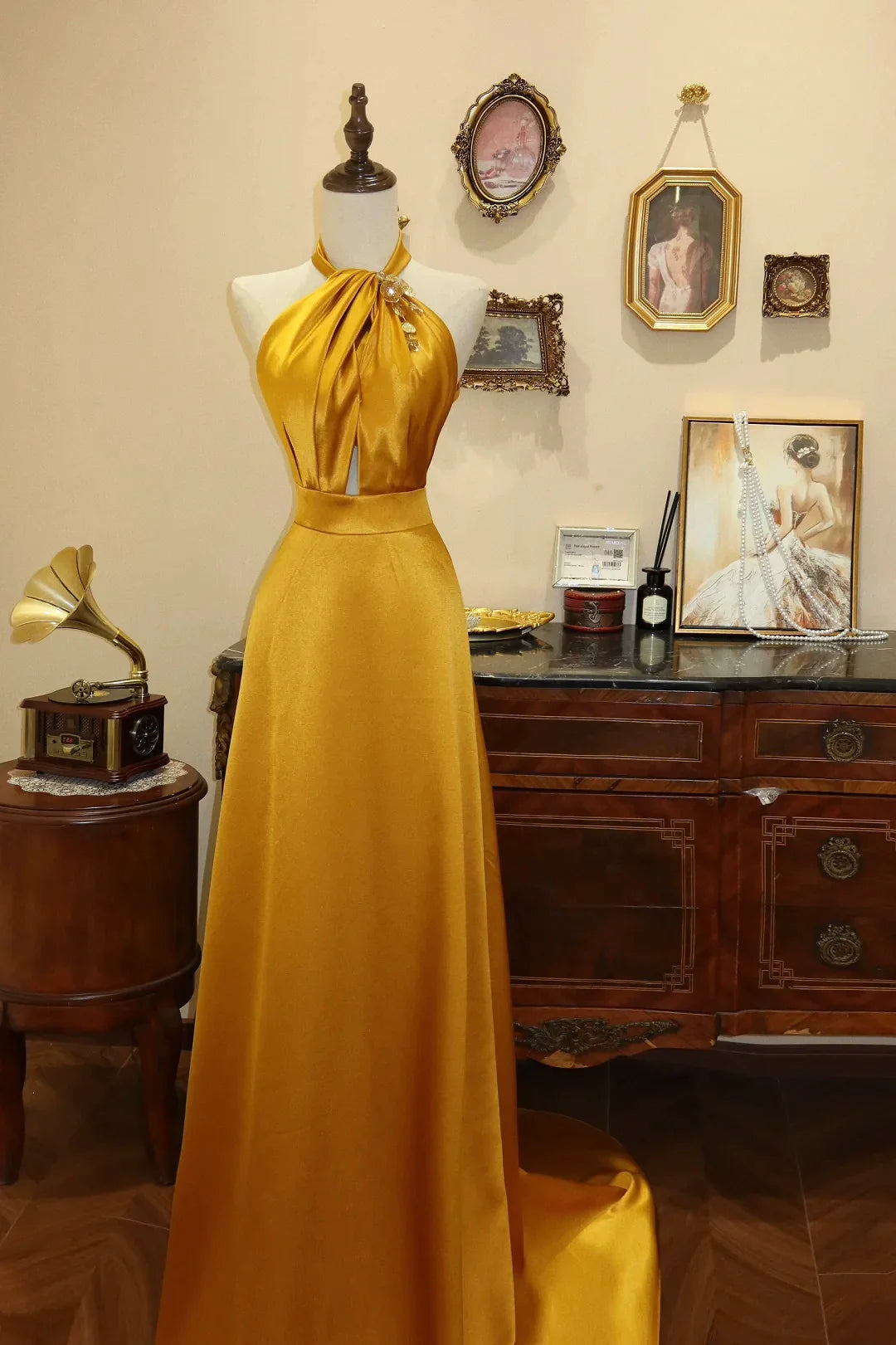 strapless open back dress Yellow Halter Deep V Neck Ruched Prom Dress Pleated Evening Dress Ms26 –  Msikoods Official Store main image 0