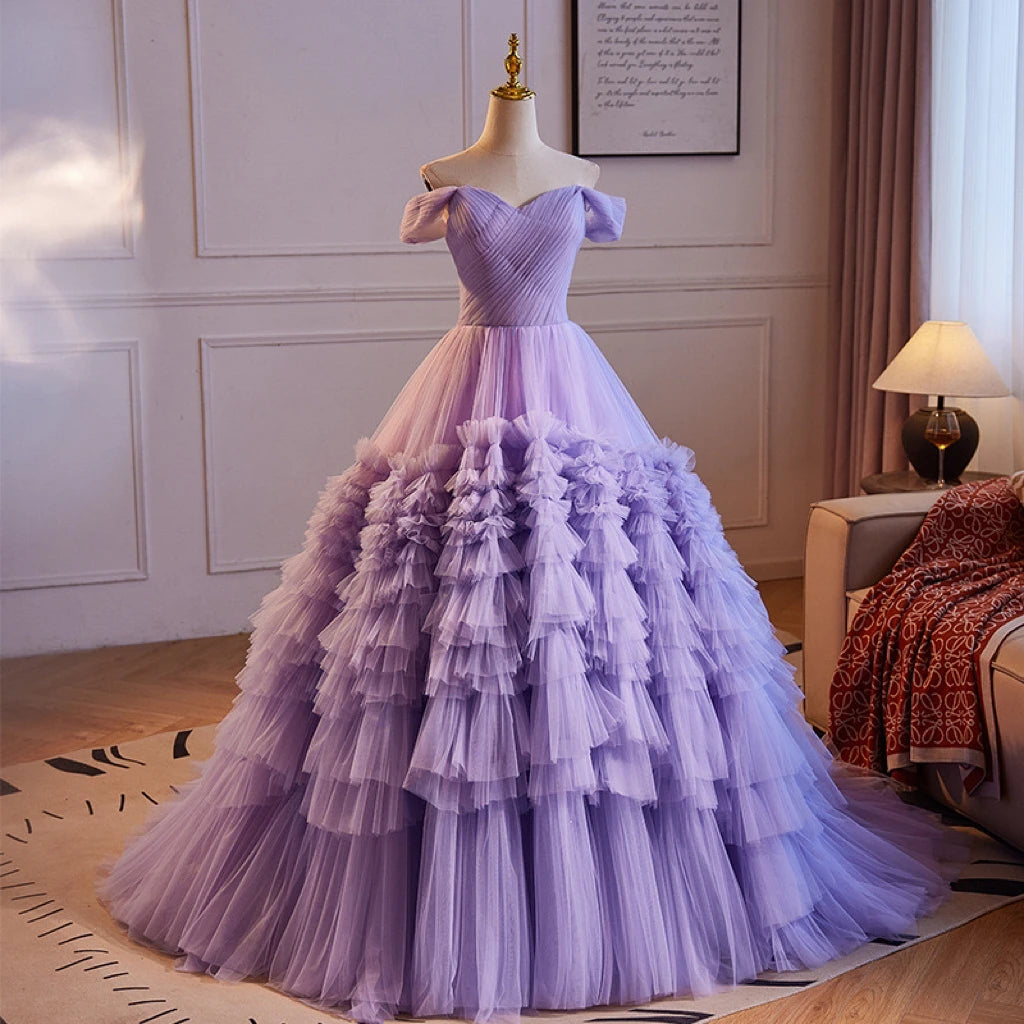 Off-shoulder Lavender Ruffled Layered Tulle Gown