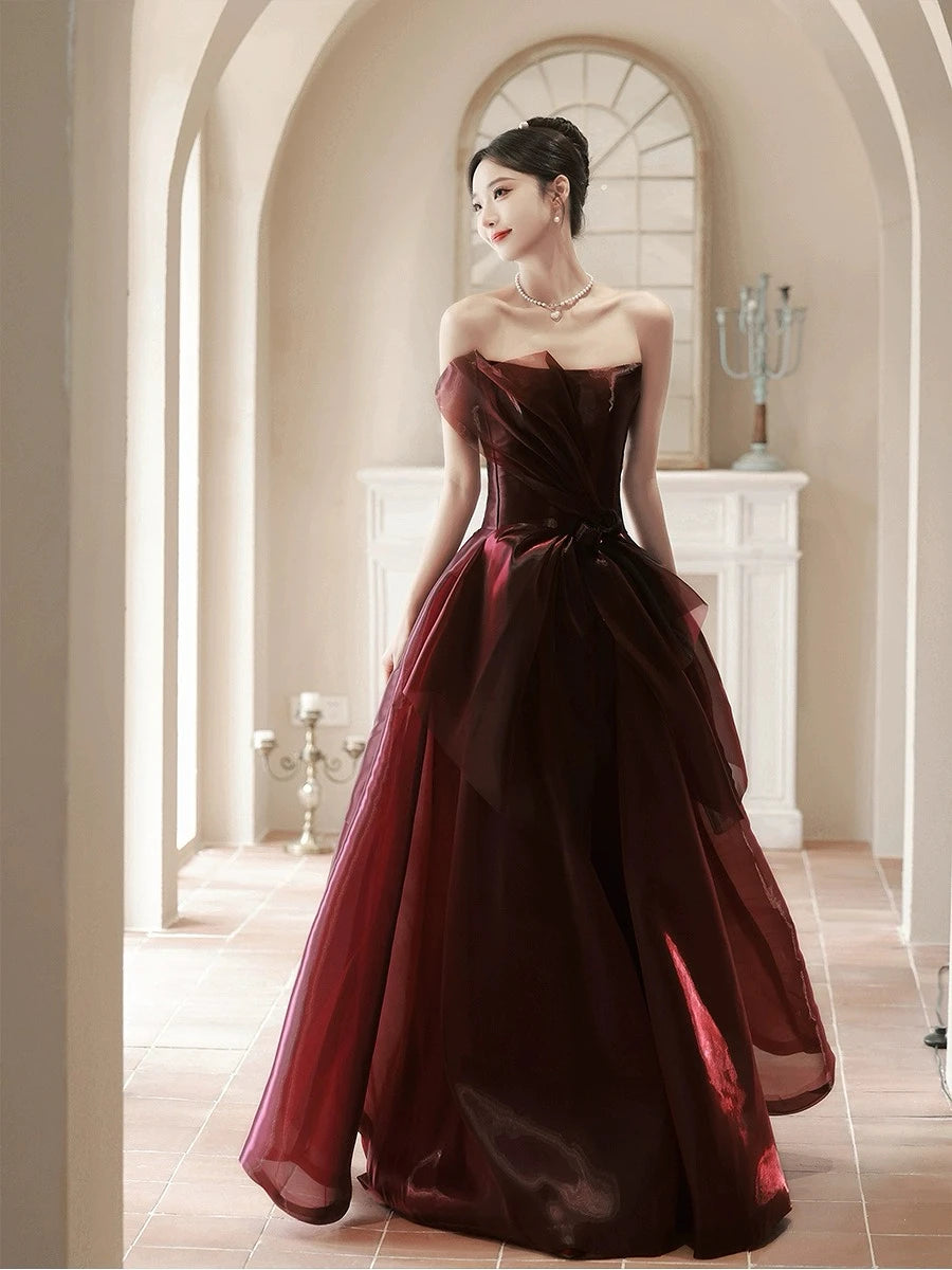 Strapless Burgundy Velvet Gown with Flared Skirt