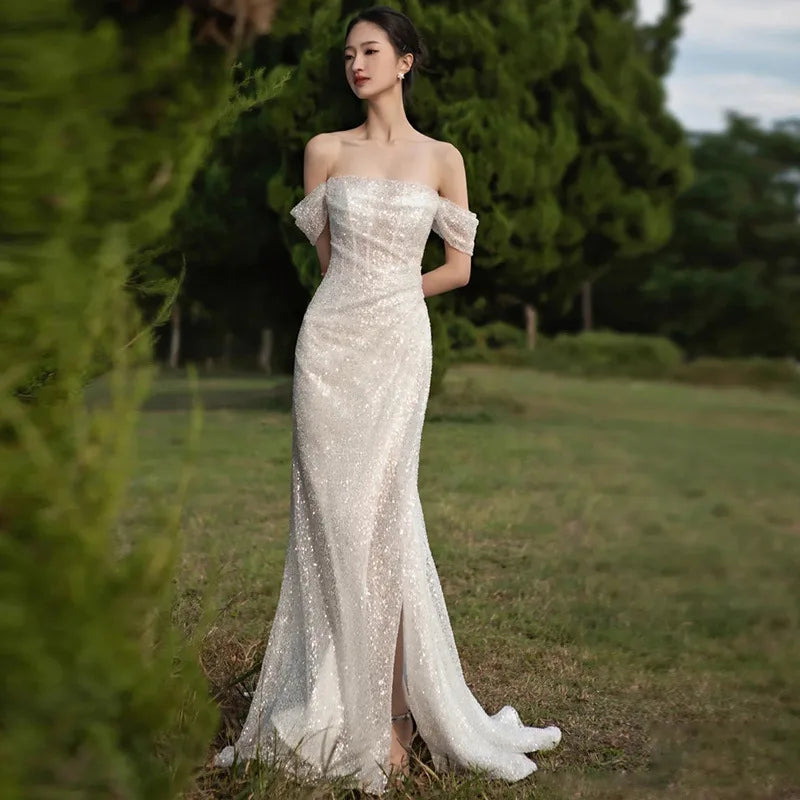 Sparkly Off Shoulder Evening Dresses Glitter Mermaid Strapless Shiny Sequin Beading Bohemia Boat Neck Elegant Wedding Prom Gowns