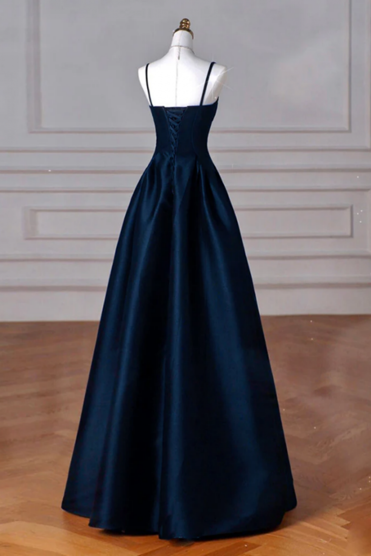 Simple A Line Dark Blue Satin Long Prom Dress, Dark Blue Long Formal Dress