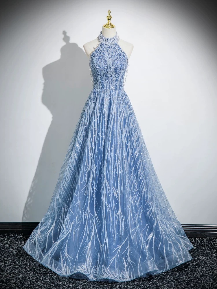 Light Blue Sequin High Neck A-line Prom Gown With Sparkling Pattern on  Luulla
