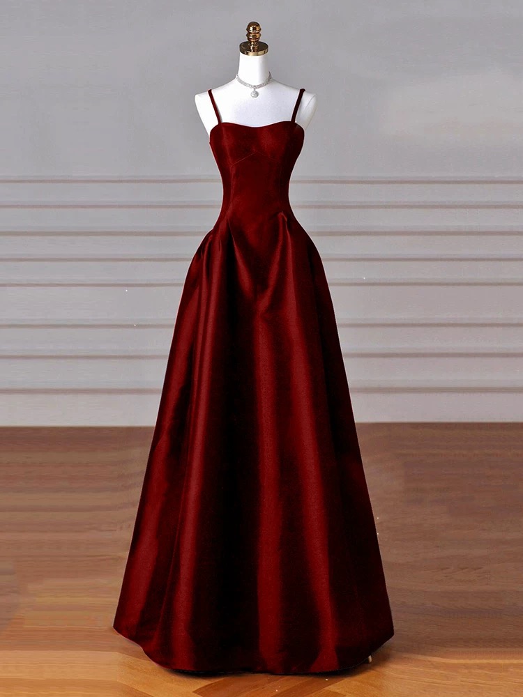 red velvet a line dress Dark Red Velvet Straps Style Wedding Party Dress, A-line Floor Length Prom Dress Formal Dress