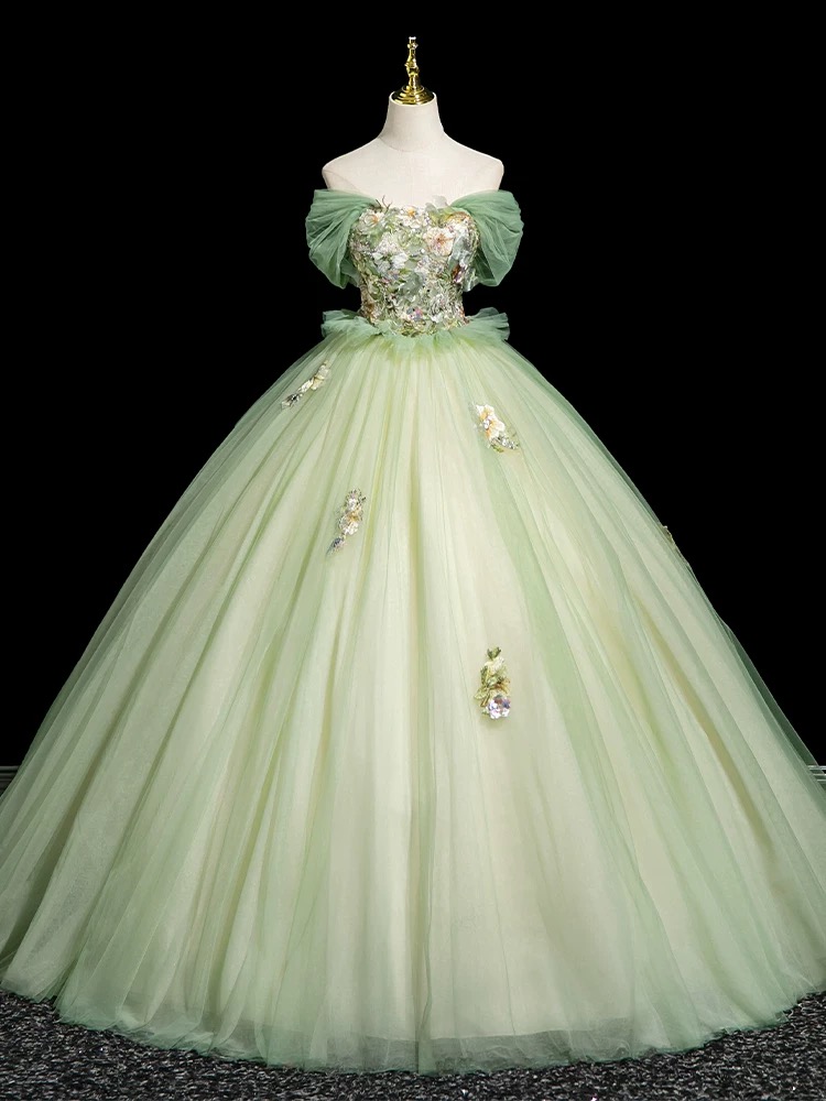 Off Shoulder Light Green Floral Tulle Ball Gown Dress on Luulla
