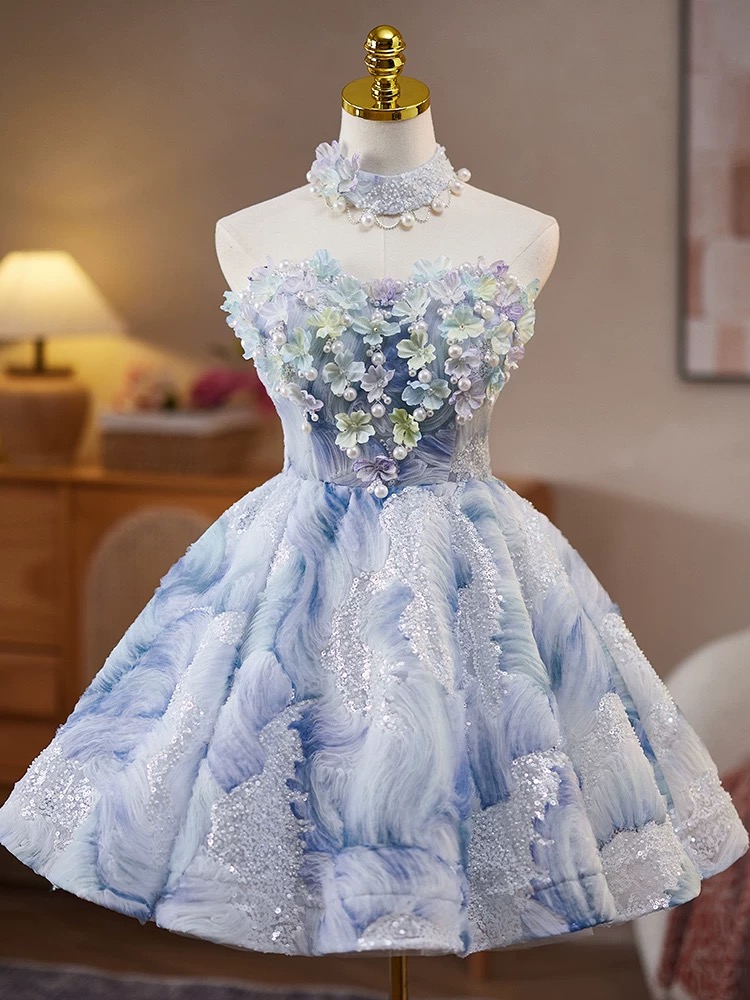 Blue Strapless Homecoming Dress With 3d Floral Appliques on Luulla