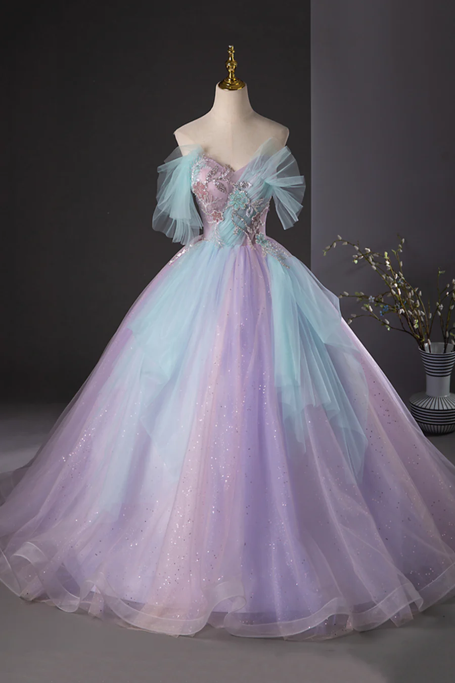 Lilac And Blue Tulle Long Prom Dress, Beautiful Off The Shoulder Evening Party Dress Lilac And Blue Tulle Long Prom Dress, Beautiful Off The Shoulder Evening Party Dress