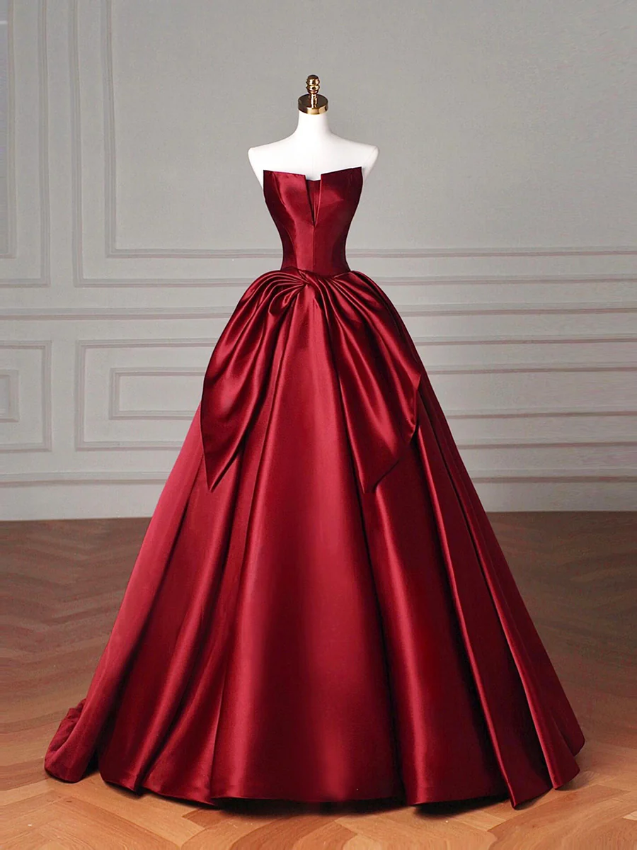 Strapless Burgundy Satin Luxury Ball Gown With Dramatic Pleats Strapless Burgundy Satin Luxury Ball Gown With Dramatic Pleats