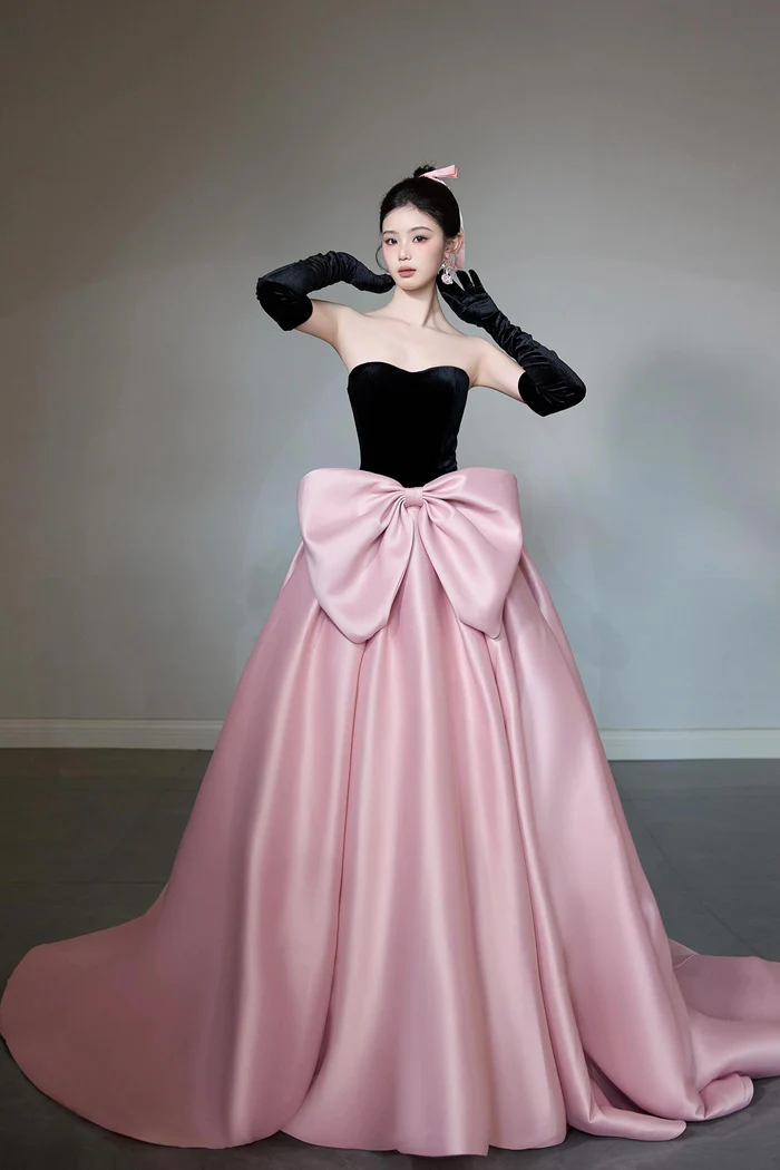 black velvet dress with pink bow 90s Black Velvet & Pink Oversized Bow Straps Mini Dress