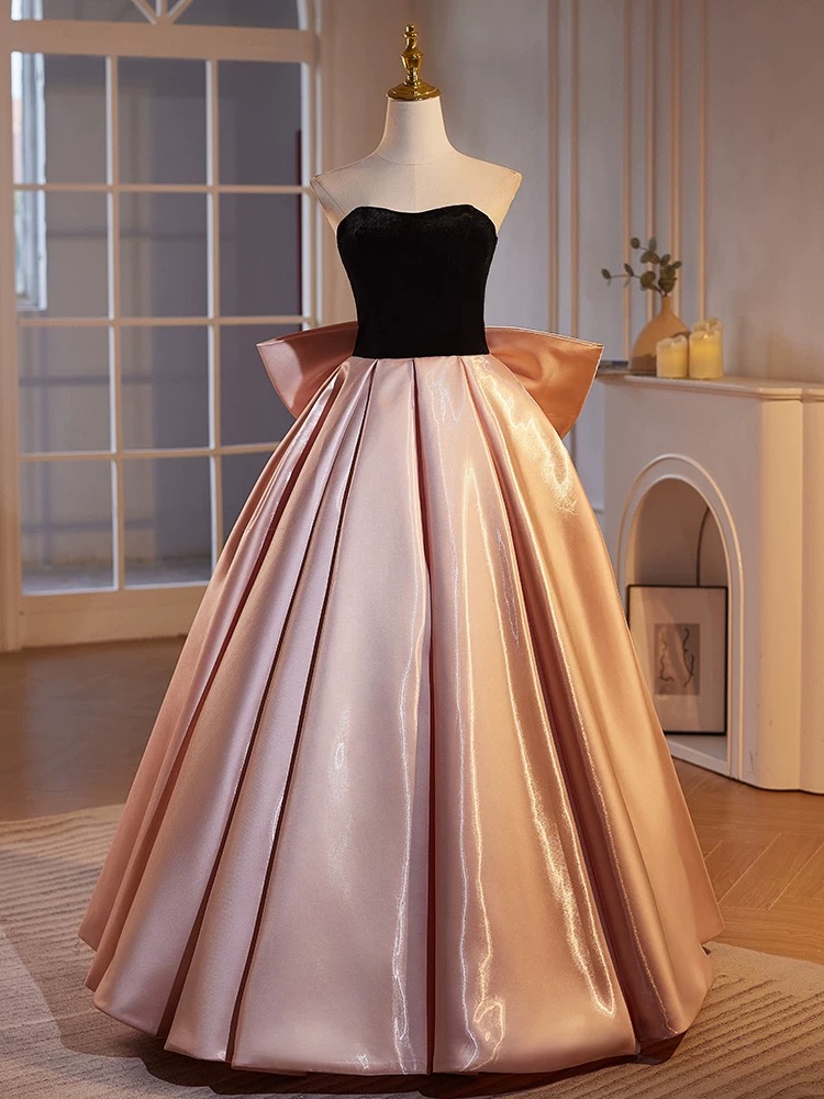 Black and Blush Satin Prom Ball Gown with Oversized Bow Back
