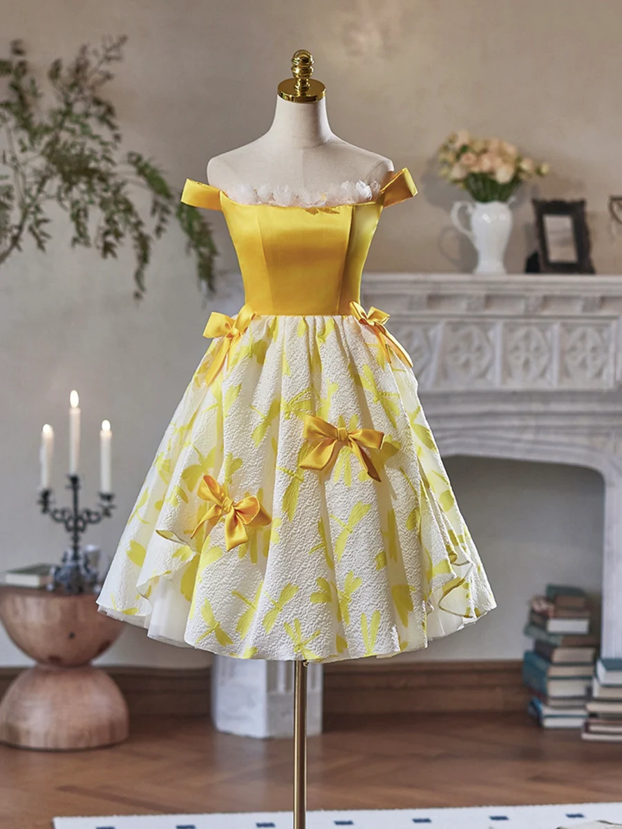 Yellow Satin Off Shoulder Party Dress With Bow Accents