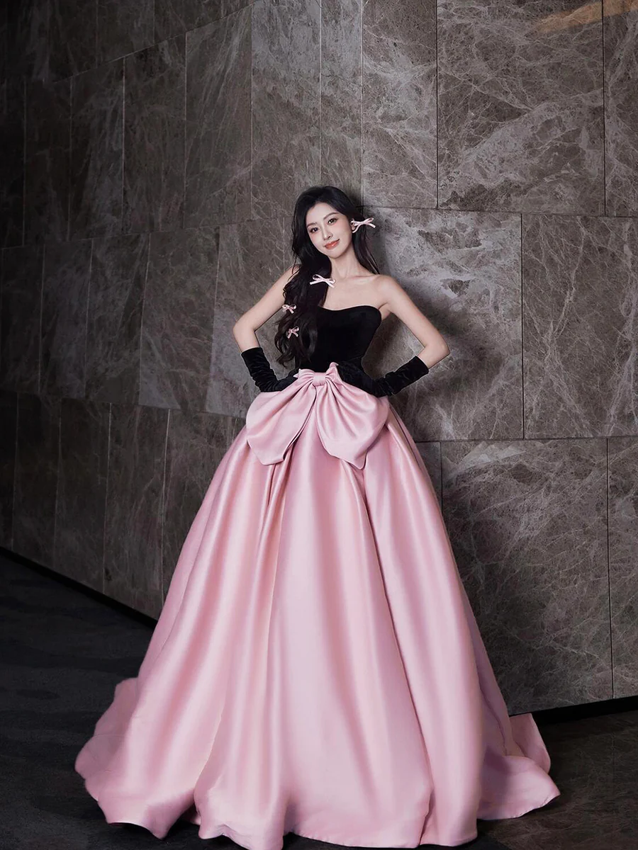 black prom dress with pink bow Black Velvet and Satin Long Formal Dress, Beautiful Strapless Evening