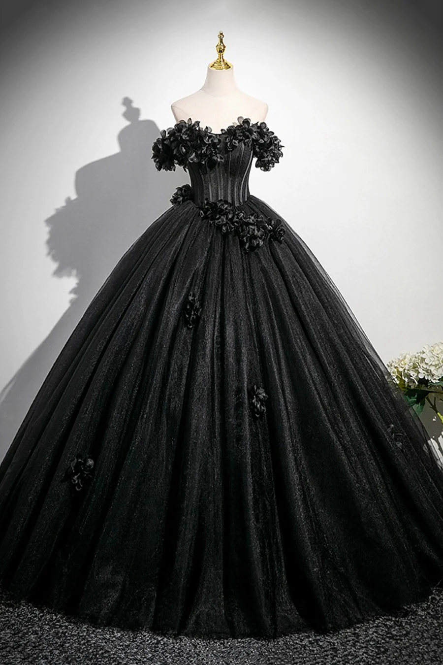 Black Tulle Flowers Long Prom Dress, Off The Shoulder A-line Party Dress With Corset