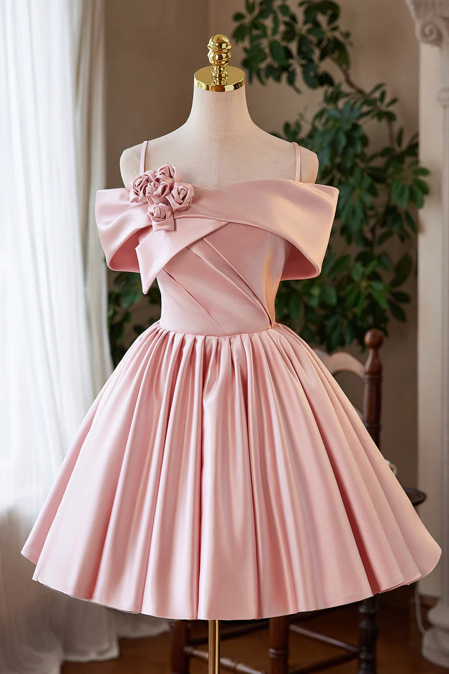 a line short prom dress Satin A-line Round Neck Pleated Homecoming Dresses, Short Prom Dress, MH539