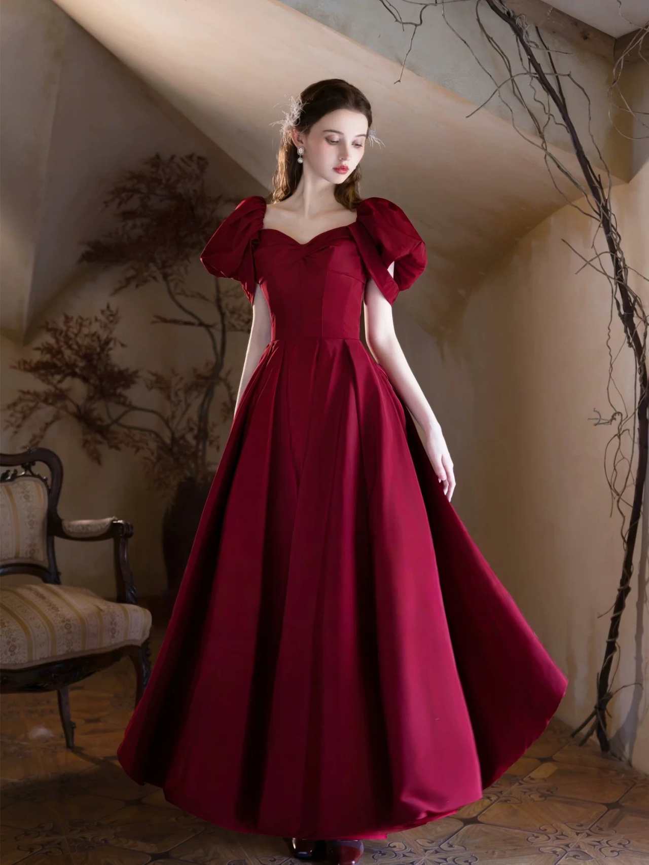 A-line Puff Sleeves Satin Burgundy Long Prom Dress, Burgundy Long Formal  Dress on Luulla