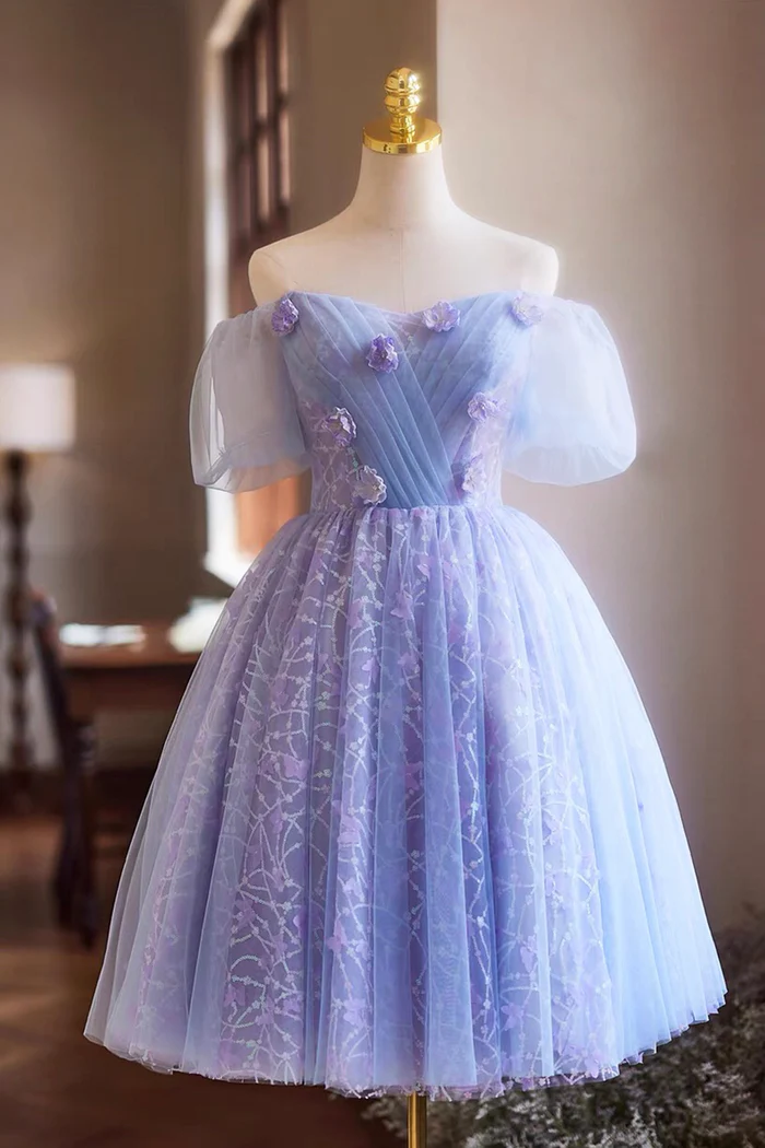 knee length purple prom dresses Purple Tulle Knee Length Prom Dress, Lovely Off The Shoulder Party Dress